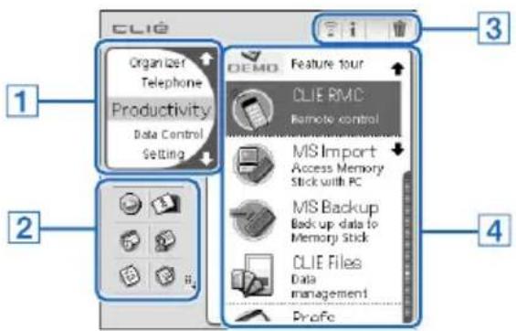 CLIÉ Organizer Telephone Productivity Data Control Setting DEMO Feature tour OLIE RMC Remote control MS Import Access Memory Stick with PC MS Backup Back up data to Memory Stick OLIE Files Data management Profile