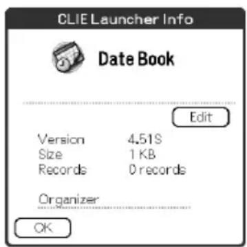 CLIE Launcher Info Date Book Edit Version 4.51S Size 1 KB Records D records Organizer OK