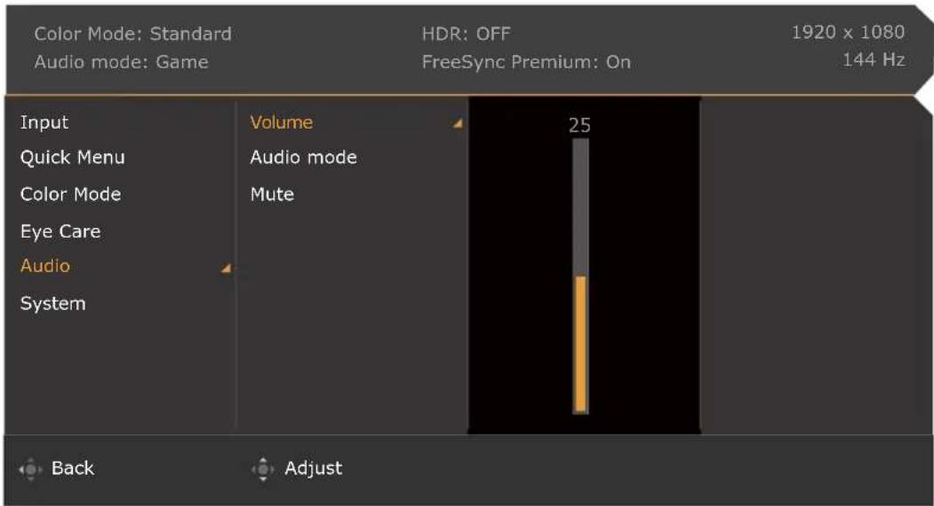 Color Mode: Standard Audio mode: Game HDR: OFF FreeSync Premium: On 1920 x 1080 144 Hz Input Quick Menu Color Mode Eye Care Audio System Volume Audio mode Mute 25 Back Adjust