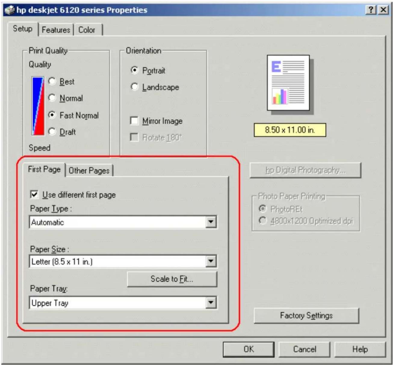 HP Deskjet 6127 - printing on a different first page - 1