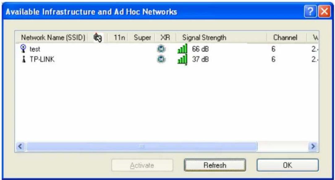 Available Infrastructure and Ad Hoc Networks Network Name (SSID) 11n Super XR Signal Strength Channel test 66 dB 6 2. TP-LINK 37 dB 6 2. < 返回 > Activate Refresh OK