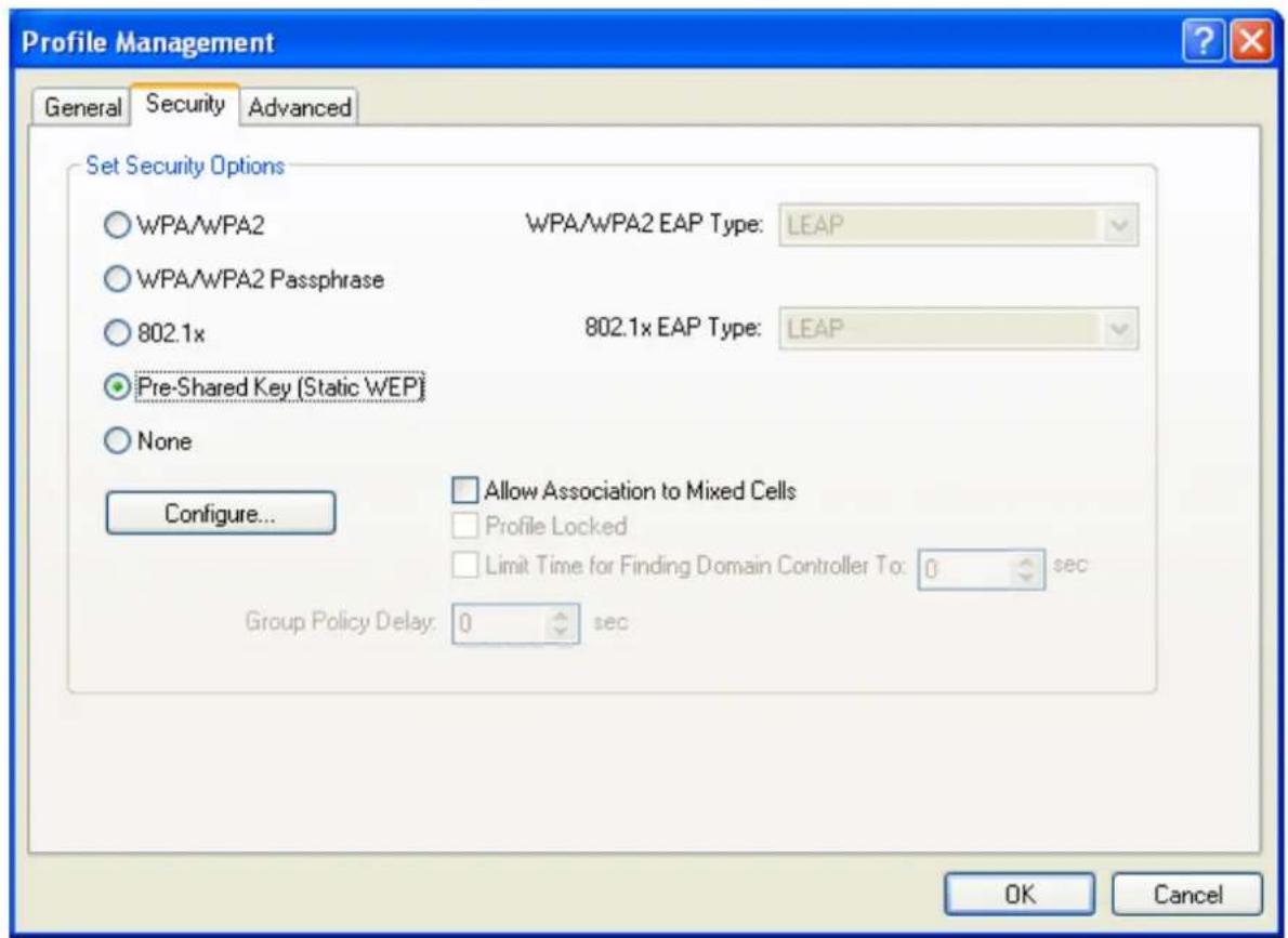 Profile Management General Security Advanced Set Security Options WPA/WPA2 WPA/WPA2 EAP Type: LEAP WPA/WPA2 Passphrase 802.1x 802.1x EAP Type: LEAP Pre-Shared Key (Static WEP) None Configure... Allow Association to Mixed Cells Profile Locked Limit Time for Finding Domain Controller To: 0 sec Group Policy Delay: 0 sec OK Cancel