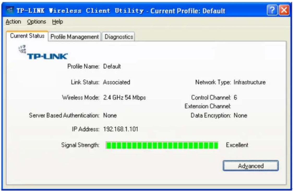 TP-LINK Wireless Client Utility - Current Profile: Default Action Options Help Current Status Profile Management Diagnostics TP-LINK Profile Name: Default Link Status: Associated Network Type: Infrastructure Wireless Mode: 2.4 GHz 54 Mbps Control Channel: 6 Server Based Authentication: None Extension Channel: IP Address: 192.168.1.101 Data Encryption: None Signal Strength: Excellent Advanced