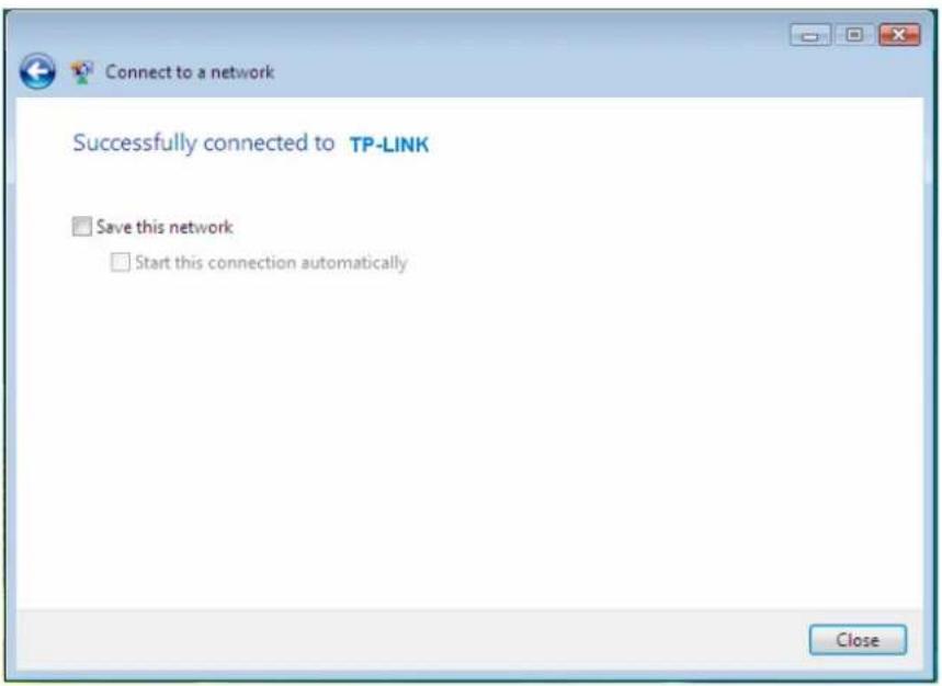 Connect to a network Successfully connected to TP-LINK Save this network Start this connection automatically Close