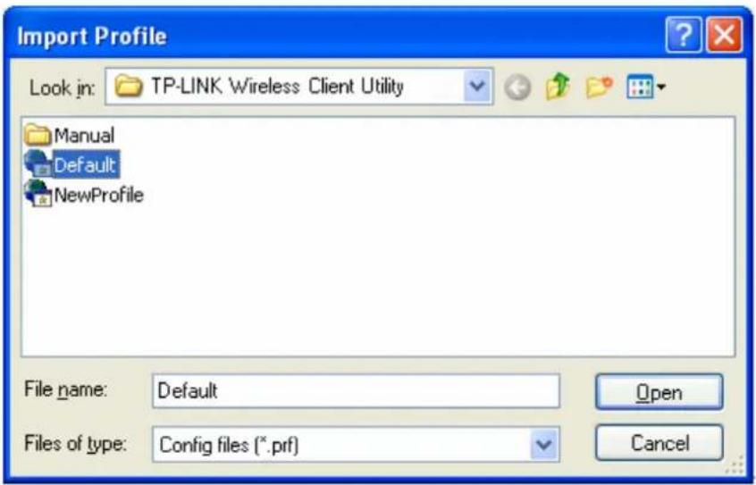 Import Profile Look in: TP-LINK Wireless Client Utility Manual Default NewProfile File name: Default Files of type: Config files (*.prf) Open Cancel