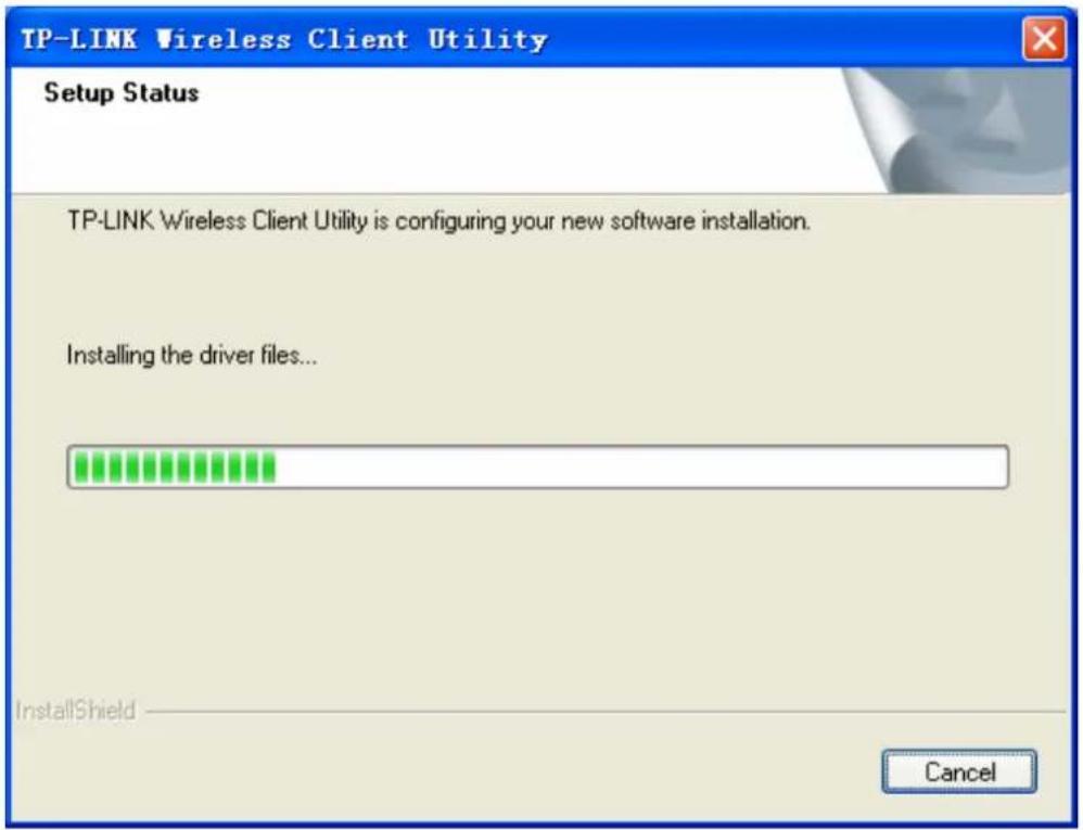 TP-LINK Wireless Client Utility Setup Status TP-LINK Wireless Client Utility is configuring your new software installation. Installing the driver files... InstallShield Cancel