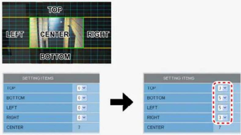 SANYO VCC-HD2100P - Configure the metering weight values for the four surrounding metering areas (TOP, BOTTOM, LEFT, and RIGHT). - 1