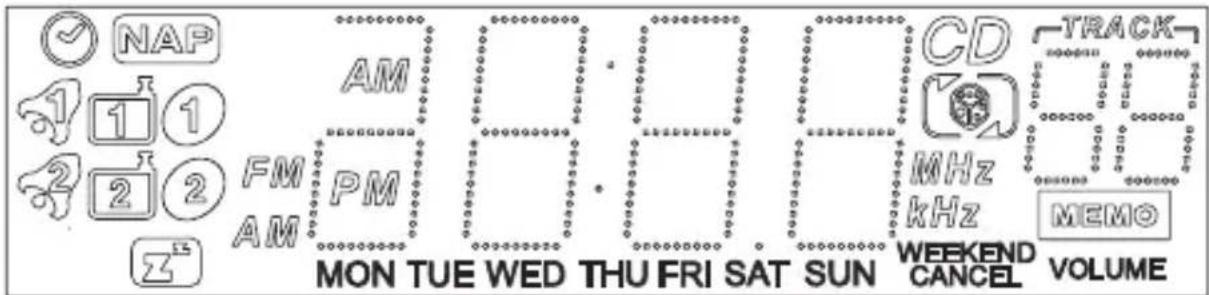 NAP 1 1 1 2 2 2 AM FM PM AM MON TUE WED THU FRI SAT SUN CD MHz kHz TRACK MEMO WEEKEND CANCEL VOLUME
