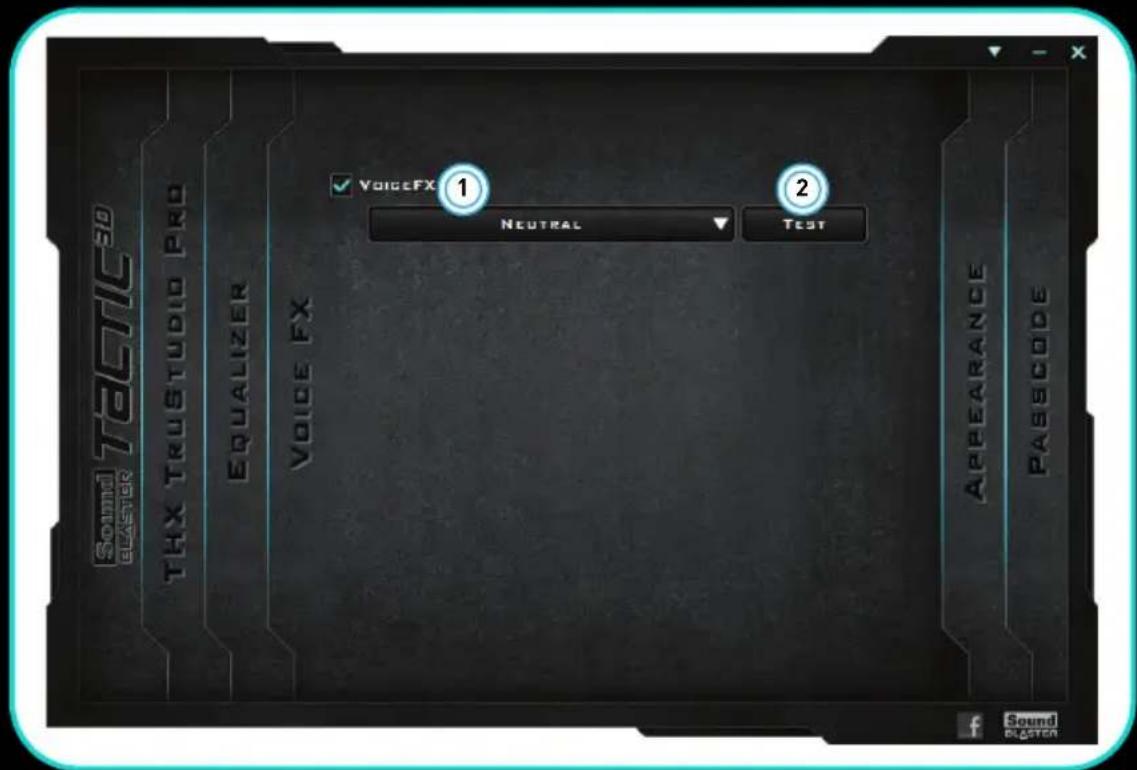 Sound Test ELASTER THX TRUSTUDIO PRO EQUALIZER VOICE FX 1 NEUTRAL TEST VOICE FX APPEARANCE PASSCODE f Sound EXTER