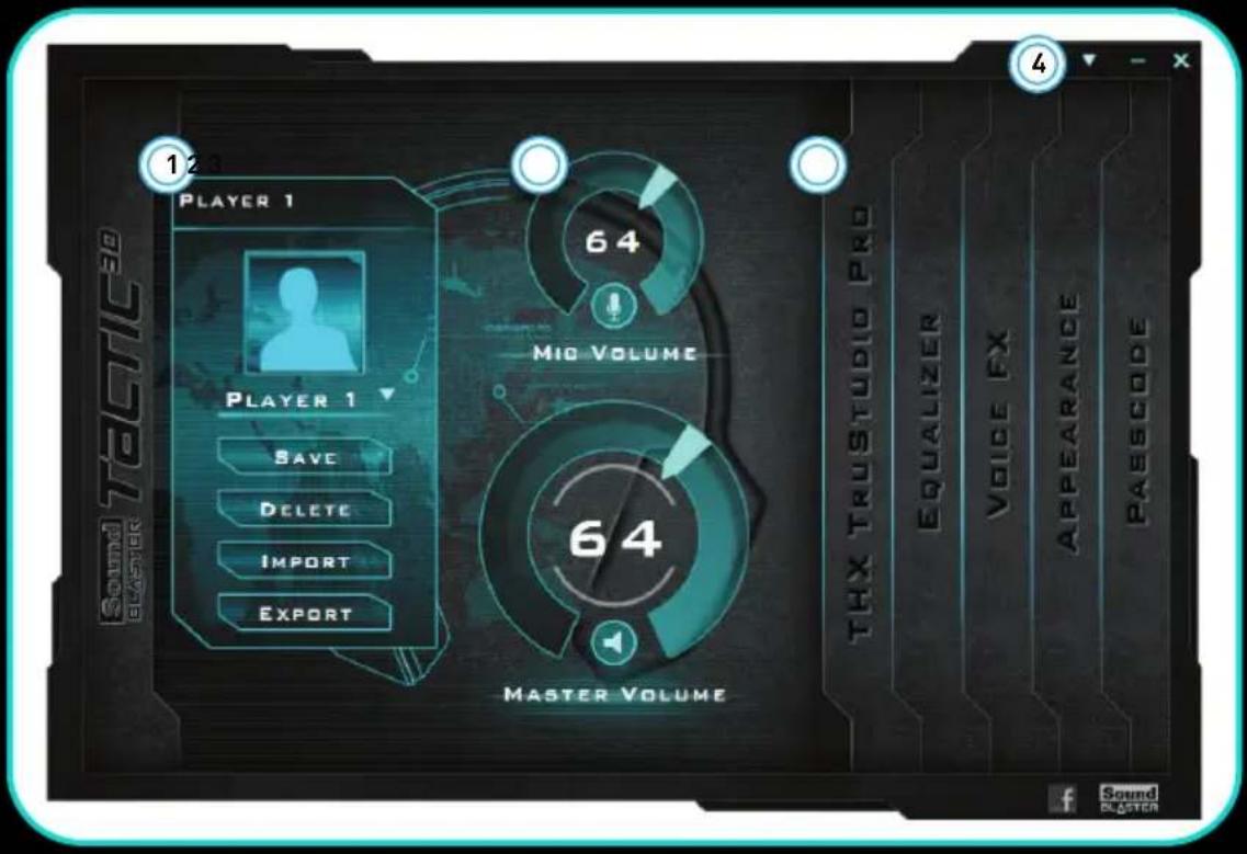 Sound TACOLIC® PLAYER 1 64 MIO VOLUME 64 MASTER VOLUME THX TRUSTUDIO PRO EQUALIZER VOICE FX APPEARANCE PASSCODE Sound BLASTER