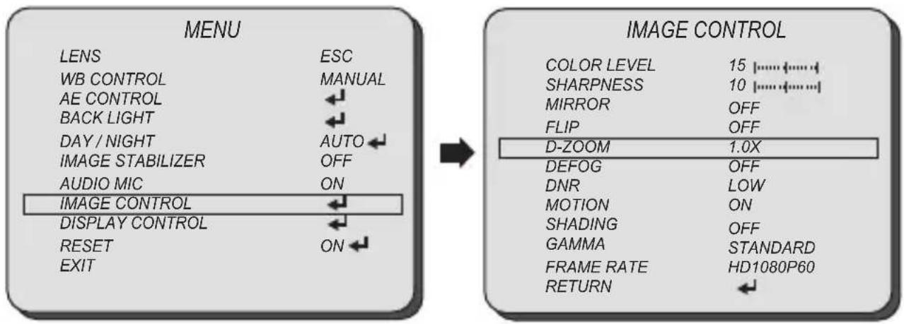 MENU LENS ESC WB CONTROL MANUAL AE CONTROL BACK LIGHT DAY / NIGHT AUTO IMAGE STABILIZER OFF AUDIO MIC ON IMAGE CONTROL DISPLAY CONTROL RESET ON EXIT IMAGE CONTROL COLOR LEVEL 15 ⋯⋯⋯ SHARPNESS 10 ⋯⋯⋯ MIRROR OFF FLIP OFF D-ZOOM 1.0X DEFOG OFF DNR LOW MOTION ON SHADING OFF GAMMA STANDARD FRAME RATE HD1080P60 RETURN ←