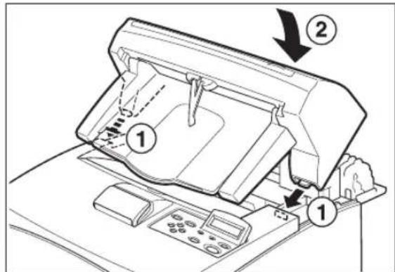 Diagram of a printer's internal structure with labeled parts and directional arrows indicating assembly or process steps.