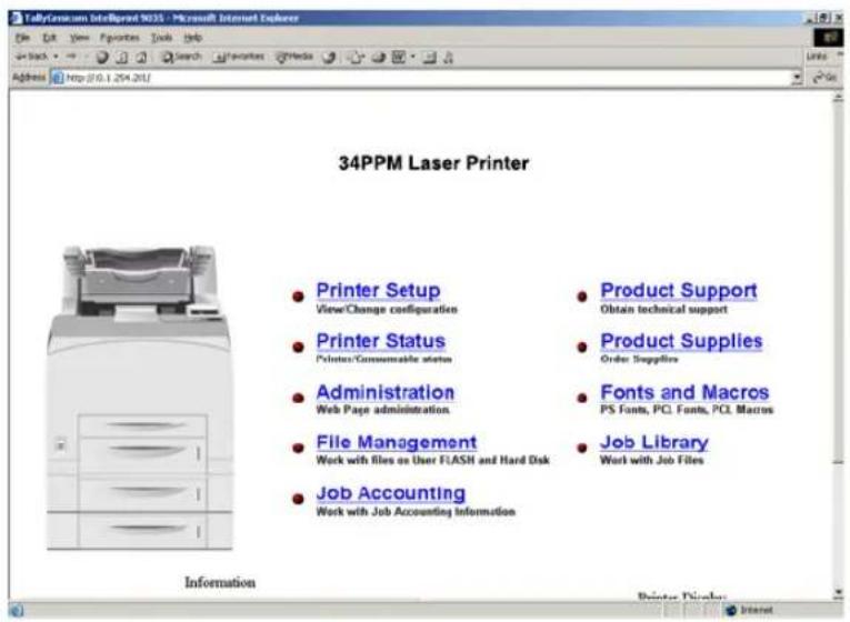 34PPM Laser Printer Printer Setup View/Change configuration Printer Status Printer/Consumable status Administration Web Page administration File Management Work with files on User FLASH and Hard Disk Job Accounting Work with Job Accounting Information Product Support Obtain technical support Product Supplies Order Supplies Fonts and Macros PS Fonts, PCI Fonts, PCI Macros Job Library Work with Job Files Information