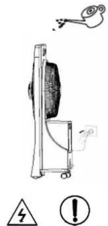 Diagram showing a device with warning symbols including a lightning bolt and an exclamation mark