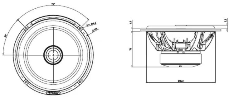 Technical drawing of a speaker component with top and side views, including dimensional annotations in millimeters.