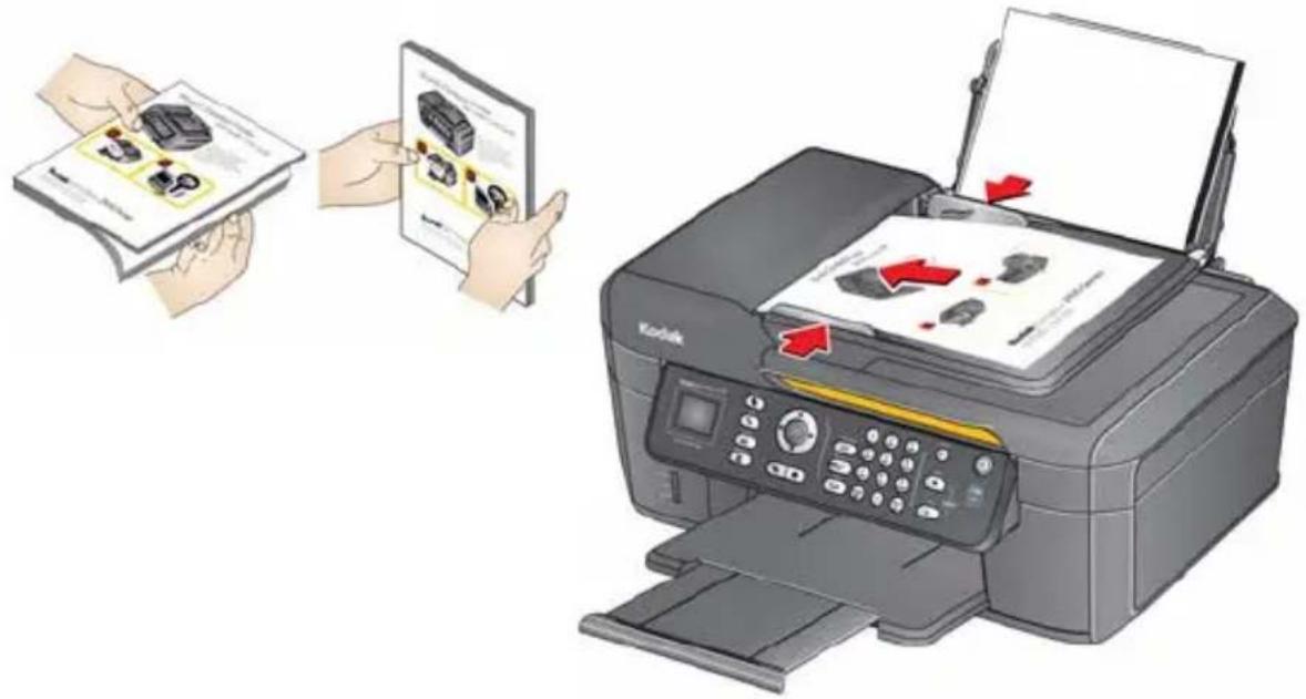 Illustration showing hands holding a printed document and a printer with a printer, illustrating the process of printing or packaging steps.