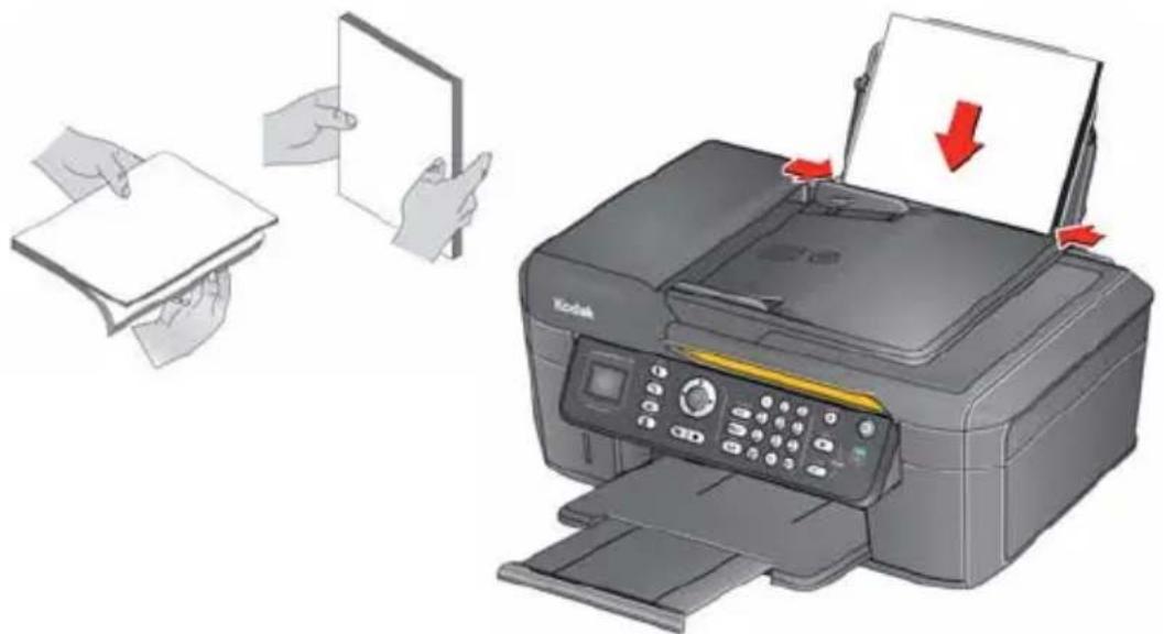 Illustration showing a printer being scanned into a blank sheet, with red arrows indicating the process and a downward arrow highlighting the paper's direction.