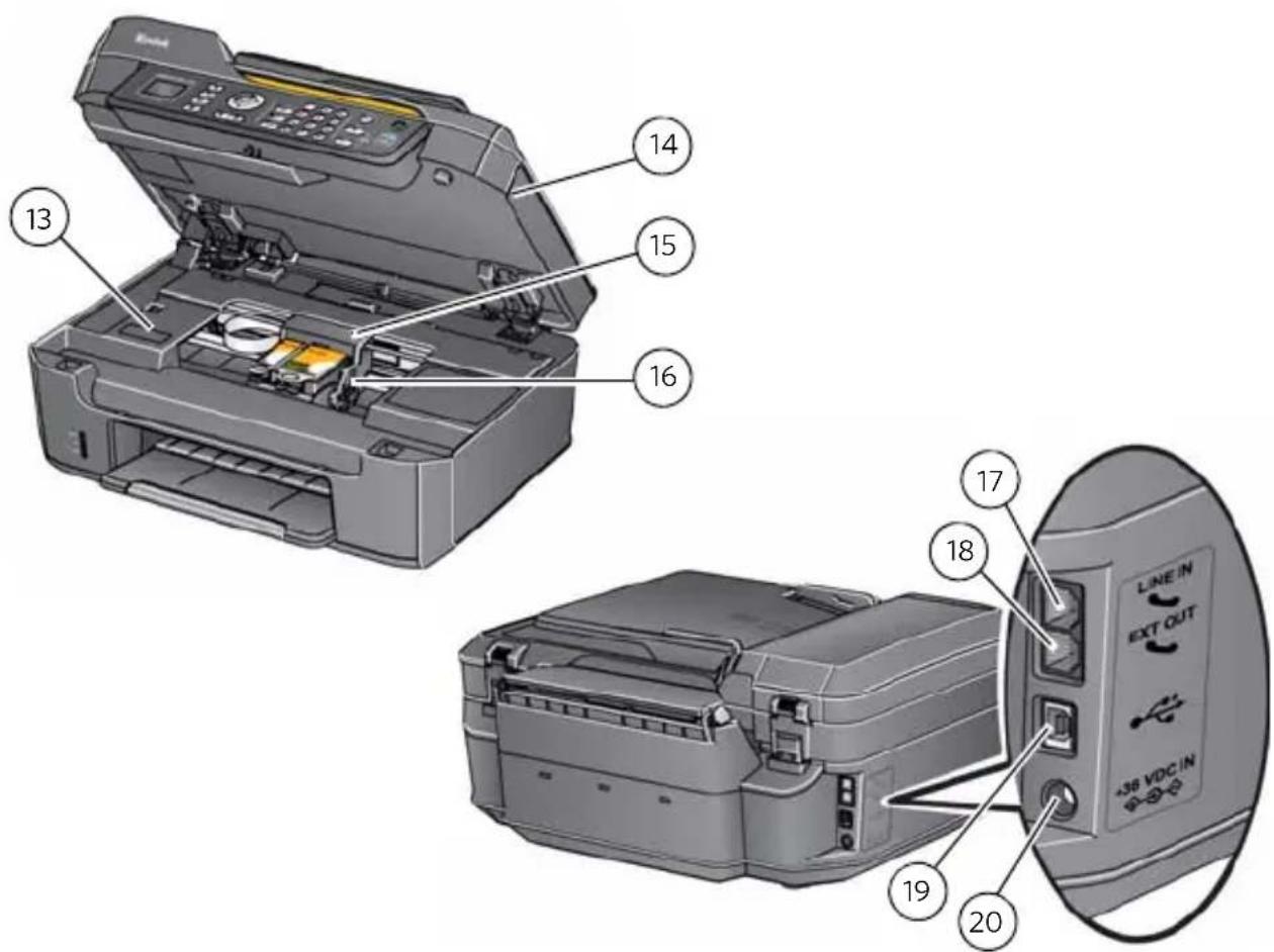 Technical diagram of a printer with numbered parts, including open and closed views of the internal components.
