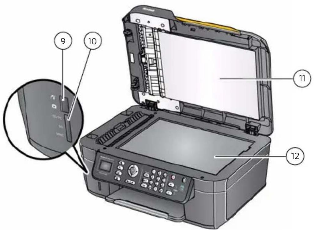 Diagram of an open digital printer with labeled parts including control panel, display screen, and buttons