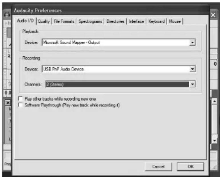Audacity Preferences Audio I/O | Quality | File Formats | Spectrograms | Directories | Interface | Keyboard | Mouse | Playback Device: Microsoft Sound Mapper - Output Recording Device: USB PnP Audio Device Channels: 2 (Stereo) Play other tracks while recording new one Software Playthrough (Play new track while recording it) Cancel OK
