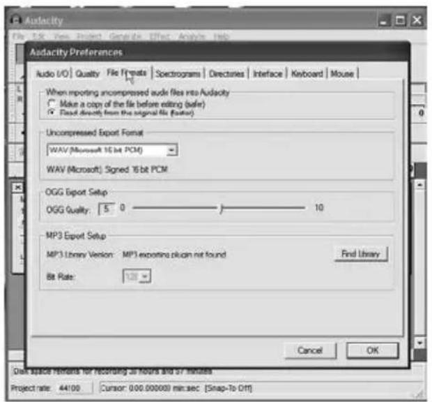 Audiacity File Edit View Project Generate Effect Analysis Help Audio I/O Quality File Format Spectrograms Directories Interface Keyboard Mouse When importing uncompressed audio files into Audiacity Make a copy of the file before editing (sider) Read directly from the original file (factor) Uncompressed Export Format WAV (Microsoft 16 bit PCM) WAV (Microsoft) Signed 16 bit PCM OGG Export Setup OGG Quality: 5 0 10 MP3 Export Setup MP3 Library Version: MP3 exporting plugin not found Bit Rate: 120 Find Library Cancel OK Dark space defaults for recording as hours and 67 minutes Project rate: 44100 Cursor: 000.000000 min·sec [Snap-To Off]