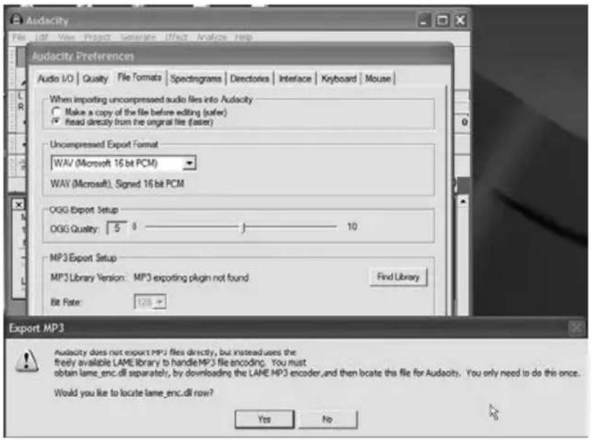 Audacity Preferences Audio I/O | Quality | File Format | Spectrograms | Directories | Interface | Keyboard | Mouse | When importing uncompressed audio files into Audacity Make a copy of the file before editing (safer) Read directly from the original file (auser) Uncompressed Export Format WAV (Microsoft 16 bit PCM) WAY (Microsoft). Signed 16 bit PCM OGG Export Setup OGG Quality: 5 0 —— J —— 10 MP3 Export Setup MP3 Library Version: MP3 exporting plugin not found Bit Rate: 128 Find Library Export MP3 Audacity does not export MP3 files directly, but instead uses the freely available LAME library to handle MP3 file encoding. You must obtain lame_enc.dll separately, by downloading the LAME MP3 encoder, and then locate this file for Audacity. You only need to do this once. Would you like to locate lame_enc.dll now? Yes No