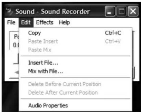 Sound - Sound Recorder File Edit Effects Help Copy Ctrl+C Paste Insert Ctrl+V Paste Mix Insert File... Mix with File... Delete Before Current Position Delete After Current Position Audio Properties