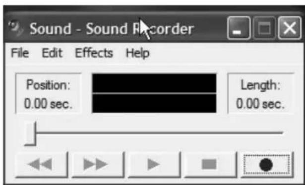 Sound - Sound Recorder File Edit Effects Help Position: 0.00 sec. Length: 0.00 sec.