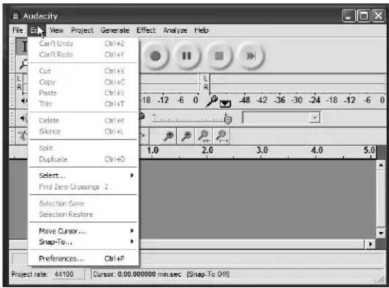 Audacity File Edit View Project Generate Effect Analyze Help Can't Undo Ctrl+Z Can't Redo Ctrl+Y Cut Ctrl+X Copy Ctrl+C Paste Ctrl+V Trim Ctrl+T Delete Ctrl+K Skince Ctrl+L Split Duplicate Ctrl+D Select... Find Zero Crossings 2 Selection Save Selection Restore Move Cursor... Snap-To... Preferences... Ctrl+P Project rate: 44100 Cursor: 0.00.000000 min:sec [Snap-To Off]