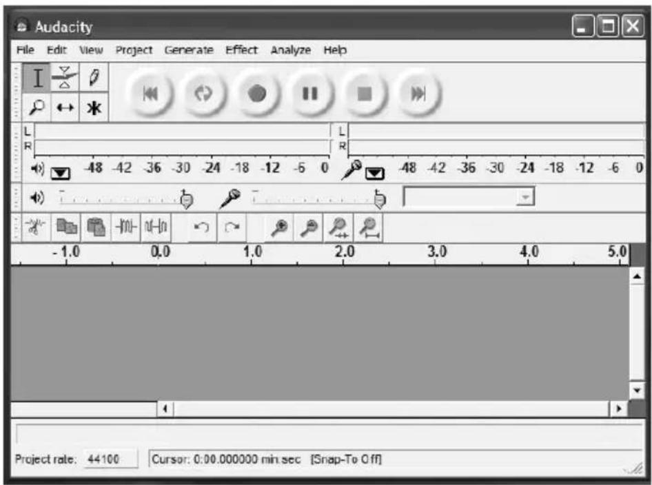 Audacity File Edit View Project Generate Effect Analyze Help I ← * L R -48 -42 -36 -30 -24 -18 -12 -5 0 L R -48 -42 -36 -30 -24 -18 -12 -5 0 -1.0 0.0 1.0 2.0 3.0 4.0 5.0 Project rate: 44100 Cursor: 0.00.000000 min sec [Snap-To Off]