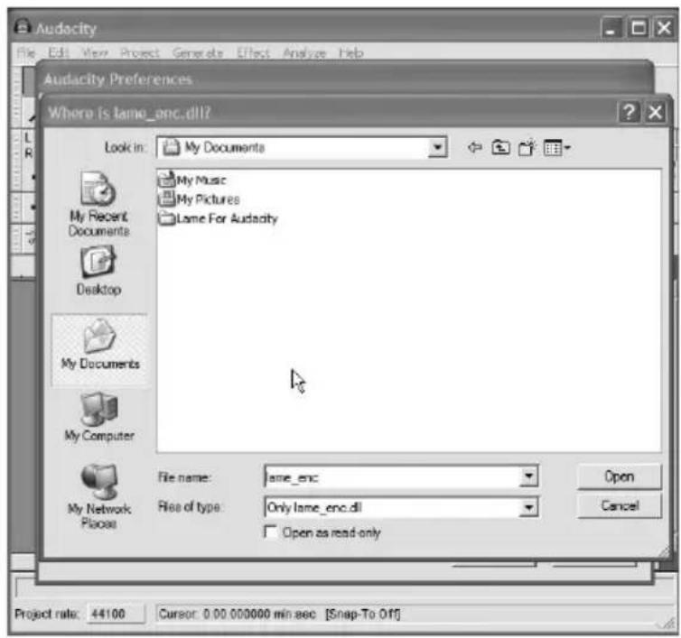 Audacity File Edit View Project Generate Effect Analyze Help Audacity Preferences Where is lame_enc.dll? Look in: My Documents My Music My Pictures Lame For Audacity My Recent Documents Desktop My Documents My Computer My Network Places File name: lame_enc Files of type: Only lame_enc.dll Open as read-only Open Cancel Project role: 44100 Cursor: 0.00 000000 min sec [Snap-To Off]