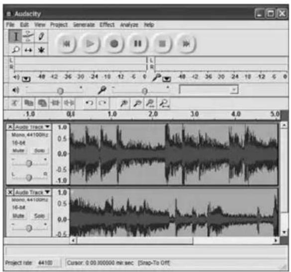 Audiocity File Edit View Project Generate Effect Analyze Help Audio Track Mono, 44100Hz 16-bit Multi Solo Audio Track Mono, 44100Hz 16-bit Multi Solo Project rate: 44100 Cursor: 0.00300000 mk sec [Snap-To Off]