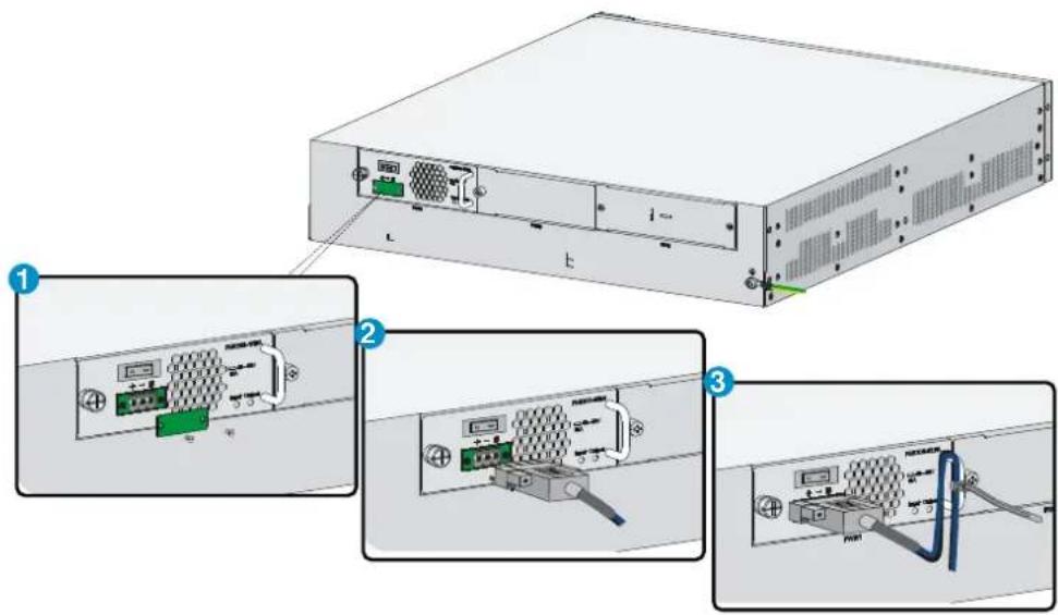Diagram showing three views of a server rack with labeled ports and connectors, including internal components and cable connections.
