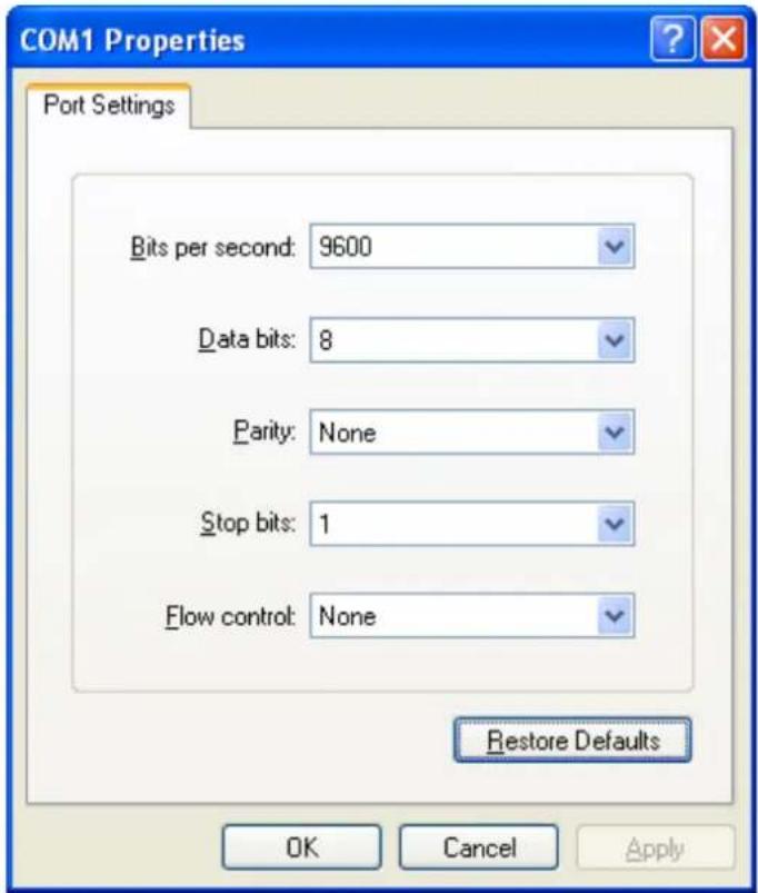 COM1 Properties Port Settings Bits per second: 9600 Data bits: 8 Parity: None Stop bits: 1 Flow control: None Restore Defaults OK Cancel Apply