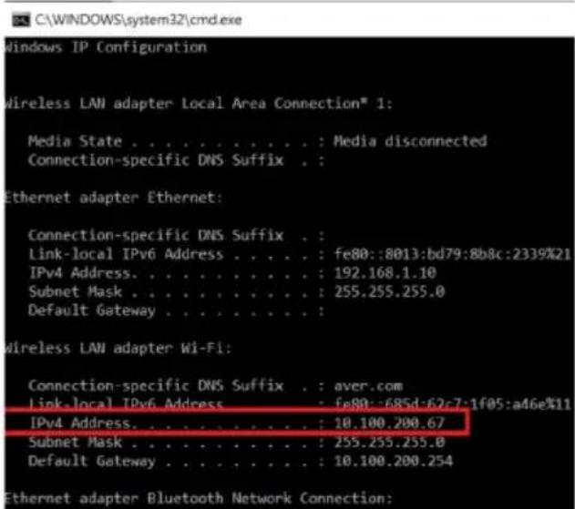 C:\WINDOWS\system32\cmd.exe Windows IP Configuration Wireless LAN adapter Local Area Connection® 1: Media State . . . . . . . . . . : Media disconnected Connection-specific DNS Suffix . : Ethernet adapter Ethernet: Connection-specific DNS Suffix . : Link-local IPv6 Address . . . . . : fe80::8013:bd79:8b8c:2339%21 IPv4 Address. . . . . . . . . . : 192.168.1.10 Subnet Mask . . . . . . . . . : 255.255.255.0 Default Gateway . . . . . . . . : Wireless LAN adapter Wi-Fi: Connection-specific DNS Suffix . : aver.com Link-local IPv6 Address . : fe80::685d-62r-7:1f05:a46e%11 IPv4 Address. . . . . . . . . : 10.100.200.67 Subnet Mask . . . . . . . . : 255.255.255.0 Default Gateway . . . . . . . : 10.100.200.254 Ethernet adapter Bluetooth Network Connection: