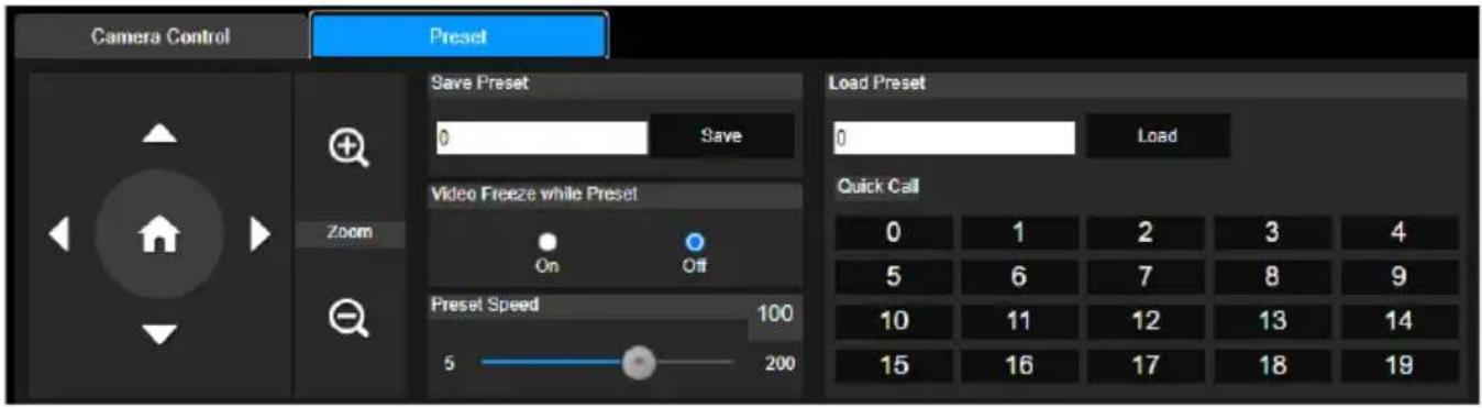 Camera Control Preset Save Preset 0 Save Video Freeze while Preset On Off Preset Speed 100 5 200 Load Preset 0 Load Quick Call 0 1 2 3 4 5 6 7 8 9 10 11 12 13 14 15 16 17 18 19