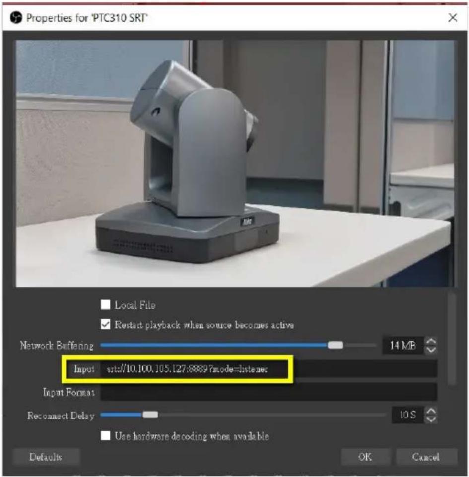 Properties for 'PTC310 SRT' Local File Restart playback when source becomes active Network Buffering 14 MB Input sits://10.100.105.127:8889?mode=listener Input Format Reconnect Delay 10 S Use hardware decoding when available Defaults OK Cancel