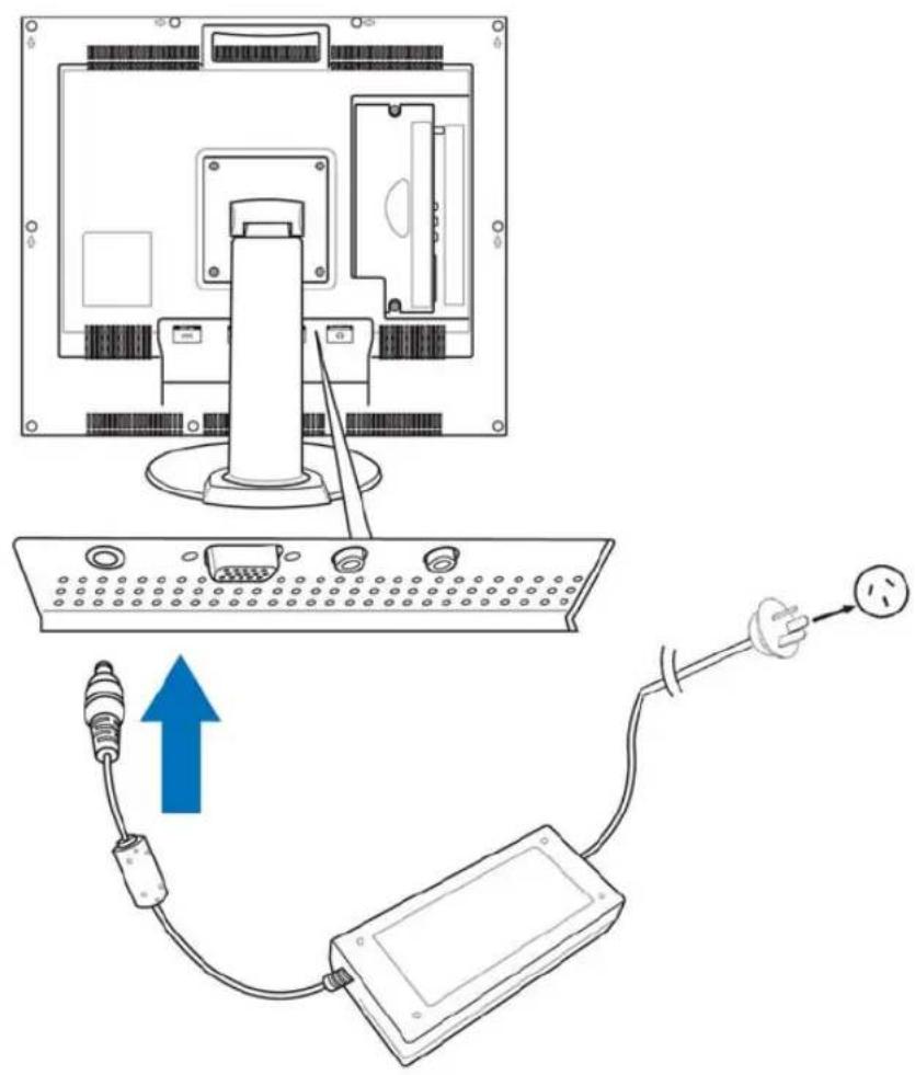 Diagram showing cable installation and connection to a computer monitor, with an arrow indicating the direction of connection.