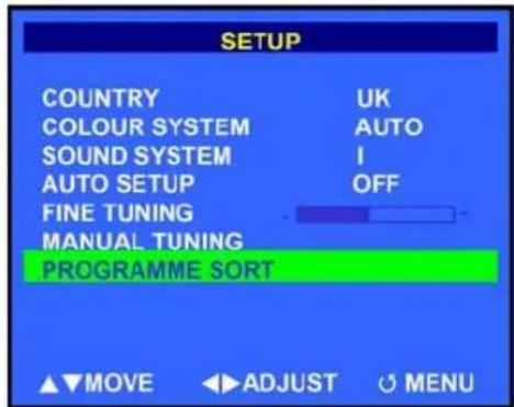 SETUP COUNTRY UK COLOUR SYSTEM AUTO SOUND SYSTEM I AUTO SETUP OFF FINE TUNING MANUAL TUNING PROGRAMME SORT ▲▼MOVE ◄►ADJUST ○MENU