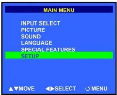 MAIN MENU INPUT SELECT PICTURE SOUND LANGUAGE SPECIAL FEATURES SETUP ▲▼MOVE ◀►SELECT ○ MENU