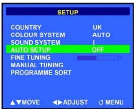 SETUP COUNTRY UK COLOUR SYSTEM AUTO SOUND SYSTEM I AUTO SETUP OFF FINE TUNING MANUAL TUNING PROGRAMME SORT ▲▼MOVE ◄►ADJUST ○MENU