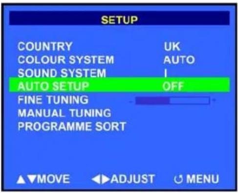 SETUP COUNTRY UK COLOUR SYSTEM AUTO SOUND SYSTEM 1 AUTO SETUP OFF FINE TUNING MANUAL TUNING PROGRAMME SORT ▲▼MOVE ◄►ADJUST ○MENU