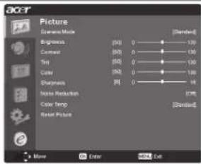Picture Extra Noise Mask Brightness (SB) 0 °C Contrast (SB) 0 °C Noise Level (SB) 0 °C Color (SB) 0 °C Distance (SB) 0 °C Noise Reduction (SB) Color Temp (SB) Noise Picture (SB) Move Enter OK Cut