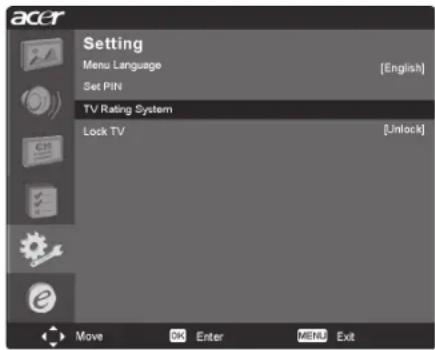 Setting Menu Language Set PIN TV Rating System Lock TV [English] [Unlock]