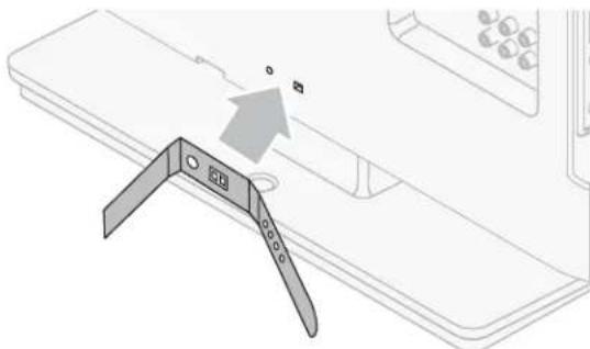 Technical line drawing of a mechanical bracket with an arrow indicating assembly or motion (no text or symbols present)