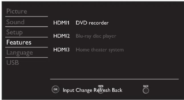 Picture Sound Setup Features Language USB HDMI1 DVD recorder HDMI2 Blu-ray disc player HDMI3 Home theater system OK Input Change Refresh Back BACK