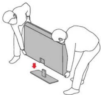 Illustration of two people installing a large screen with a red arrow indicating the next screen (no text or symbols present)
