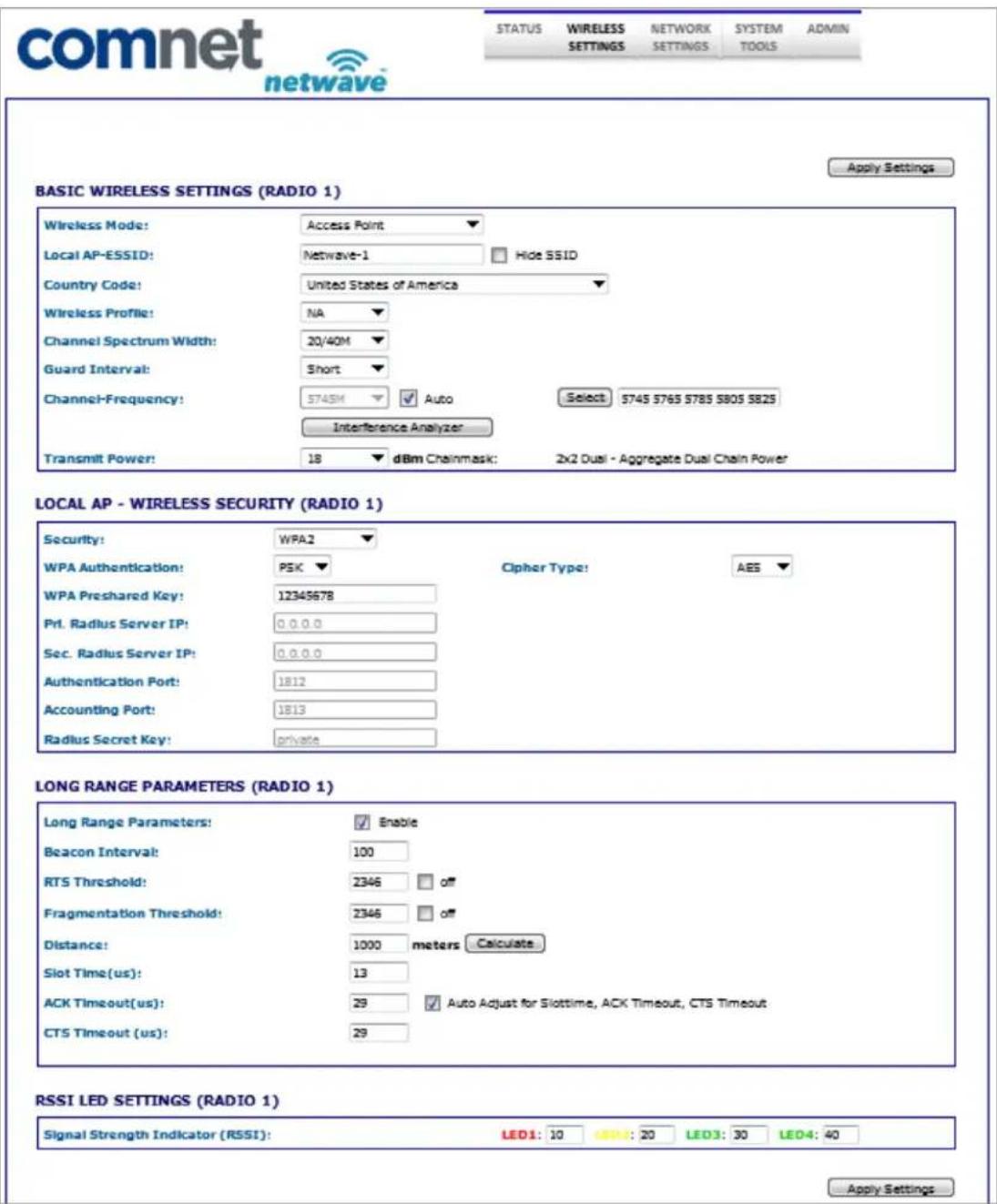 ComNet NetWave NW1 - WIRELESS SETTINGS Page - Access Point - 1