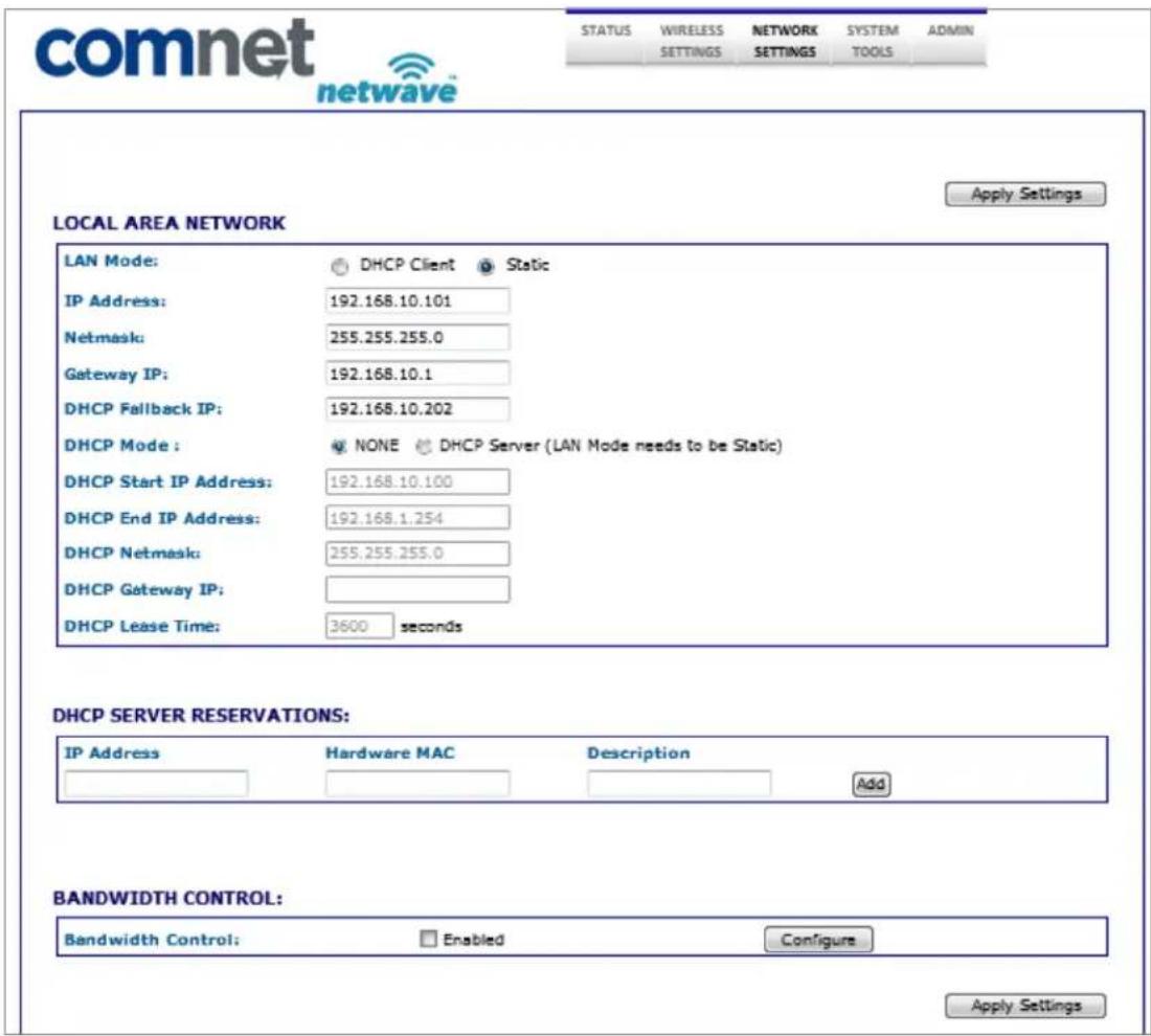 ComNet NetWave NW1 - NETWORK SETTINGS Page - Client or Access Point - 1