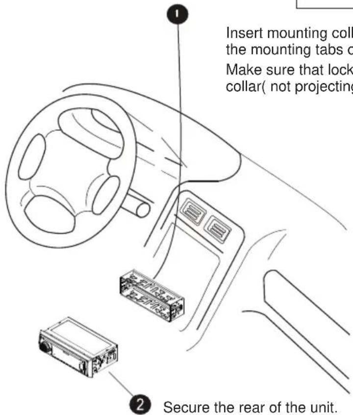 Insert mounting coll the mounting tabs o Make sure that lock collar( not projecting Secure the rear of the unit.